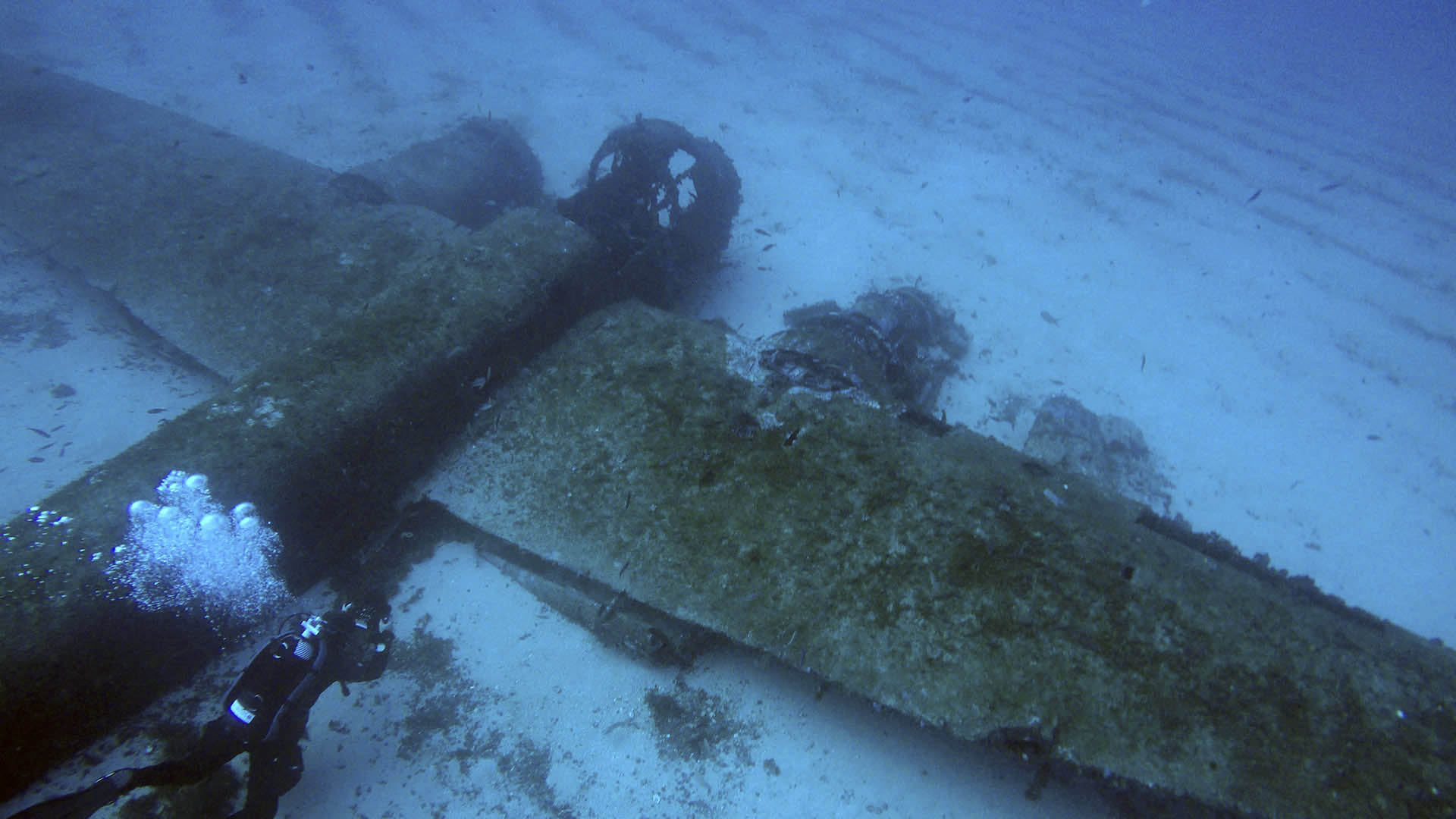 Júlia Miralles grabando Junker de la II Guerra Mundial hundido bajo las aguas de Menorca. Fotografía: Javier Tercero.