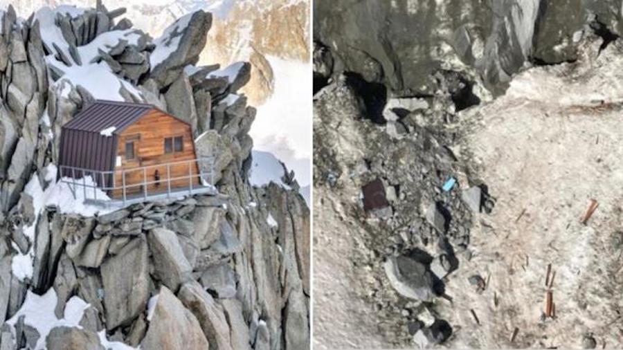 Una famosa cabaña en los Alpes se cae de un acantilado